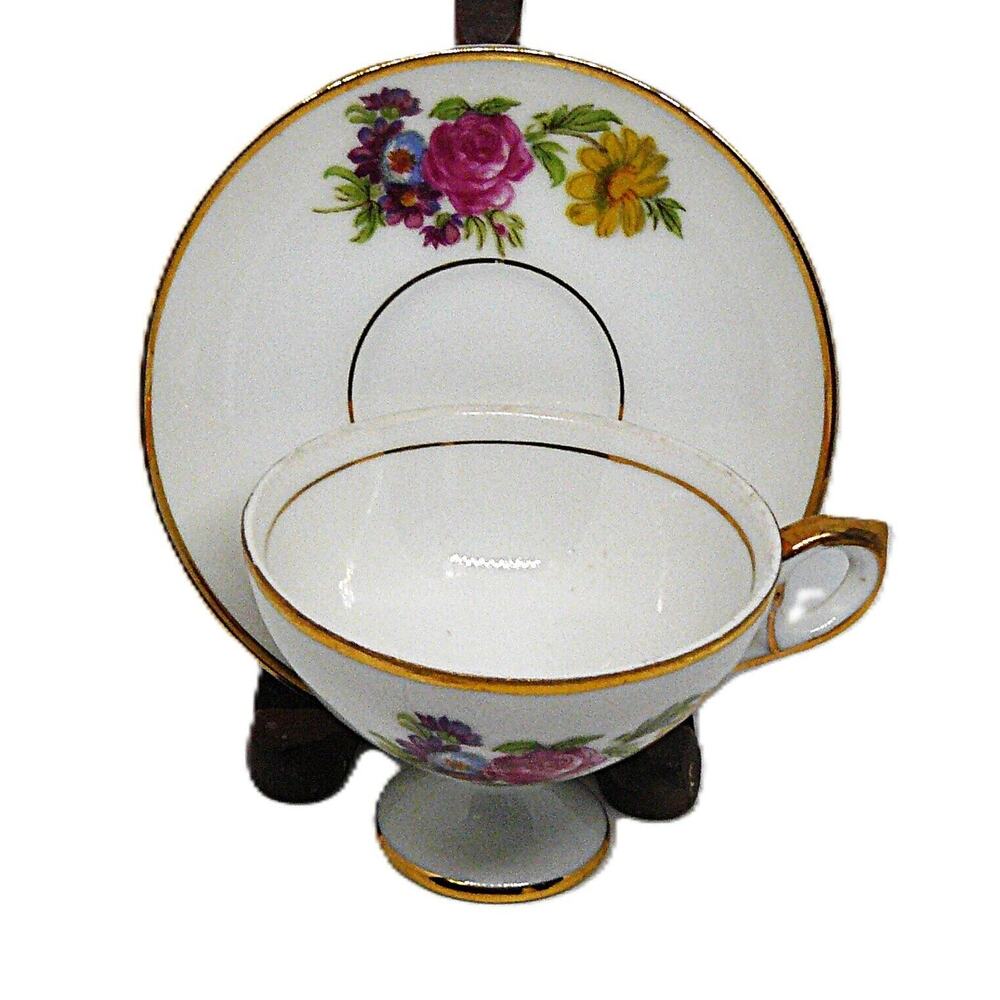 Rare Footed Floral Gold Trim Coffee Chocolate Tea Cup Saucer Crossed Sword Arrow - Picture 5 of 5